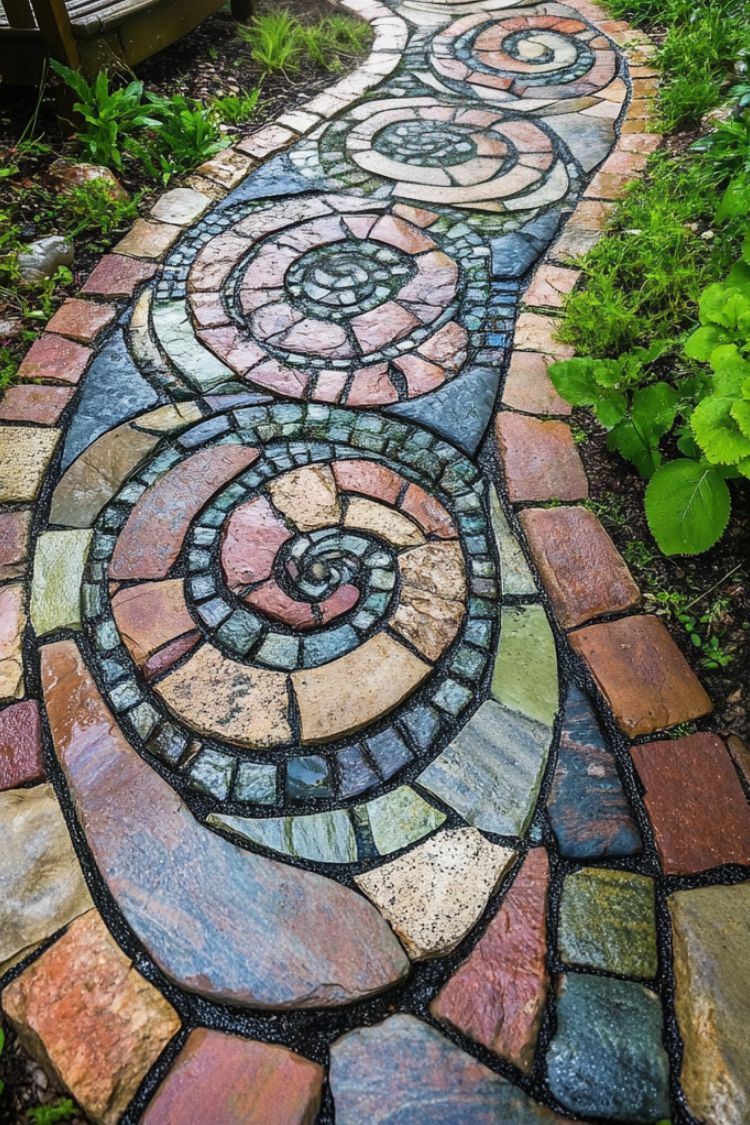 boho garden pathway with spiral stone mosaic design
