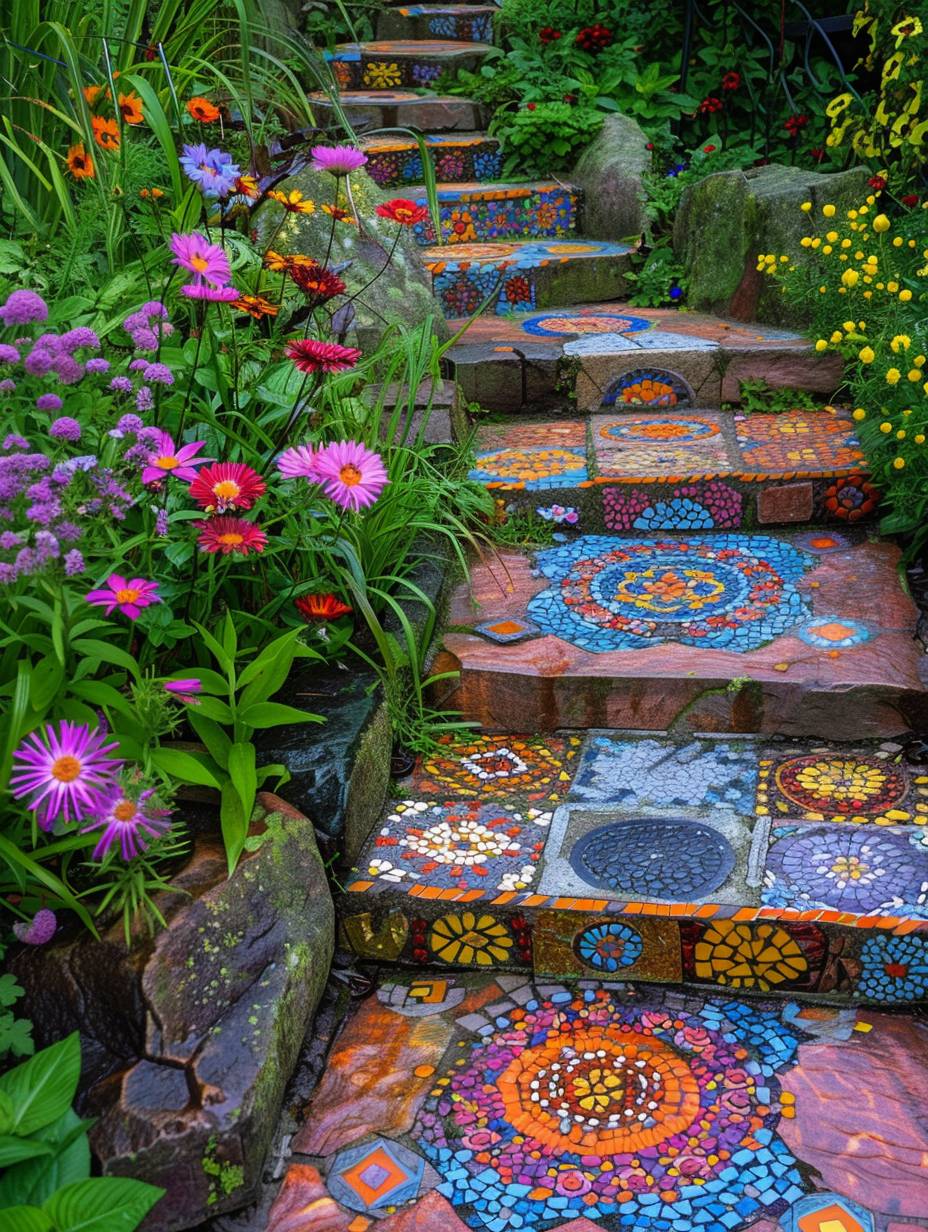 boho garden pathway with staircases