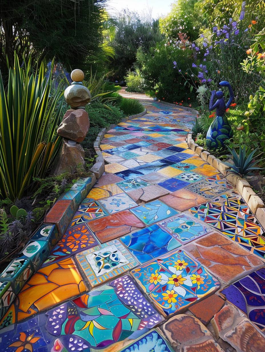 boho garden pathway with statues