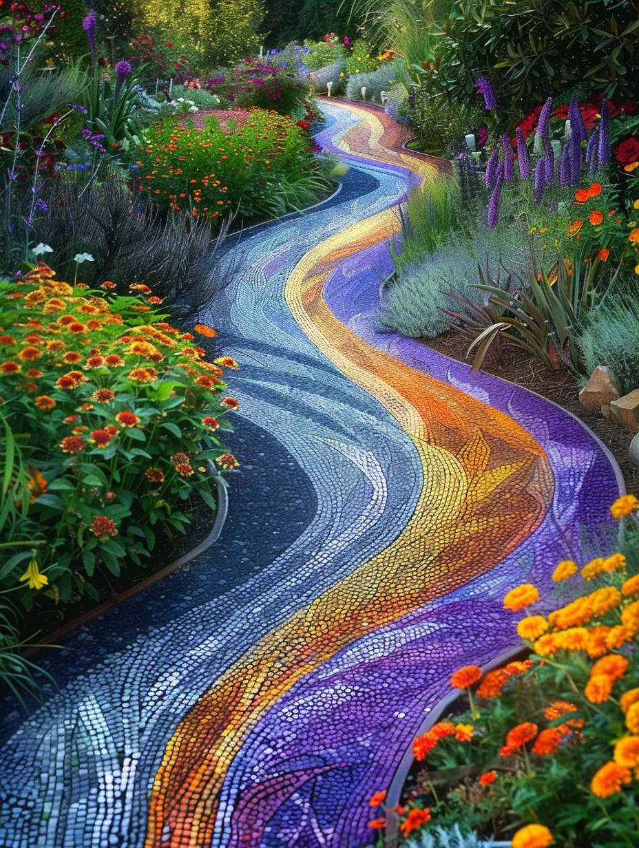 boho garden pathway with zig zag style