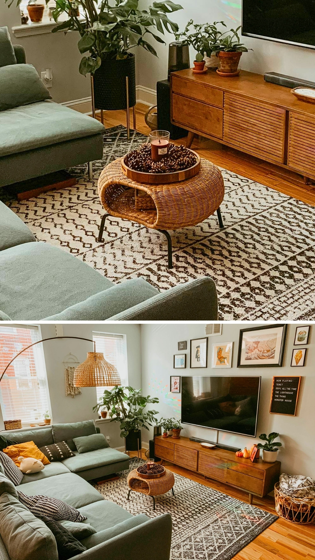 boho inspired living room with rattan ottoman coffee table and green couch