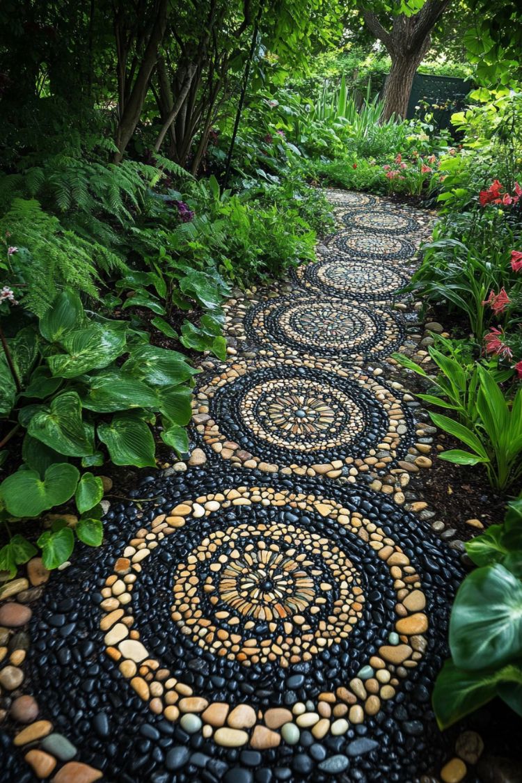 boho pathway of hand-laid pebbles forming mandala patterns