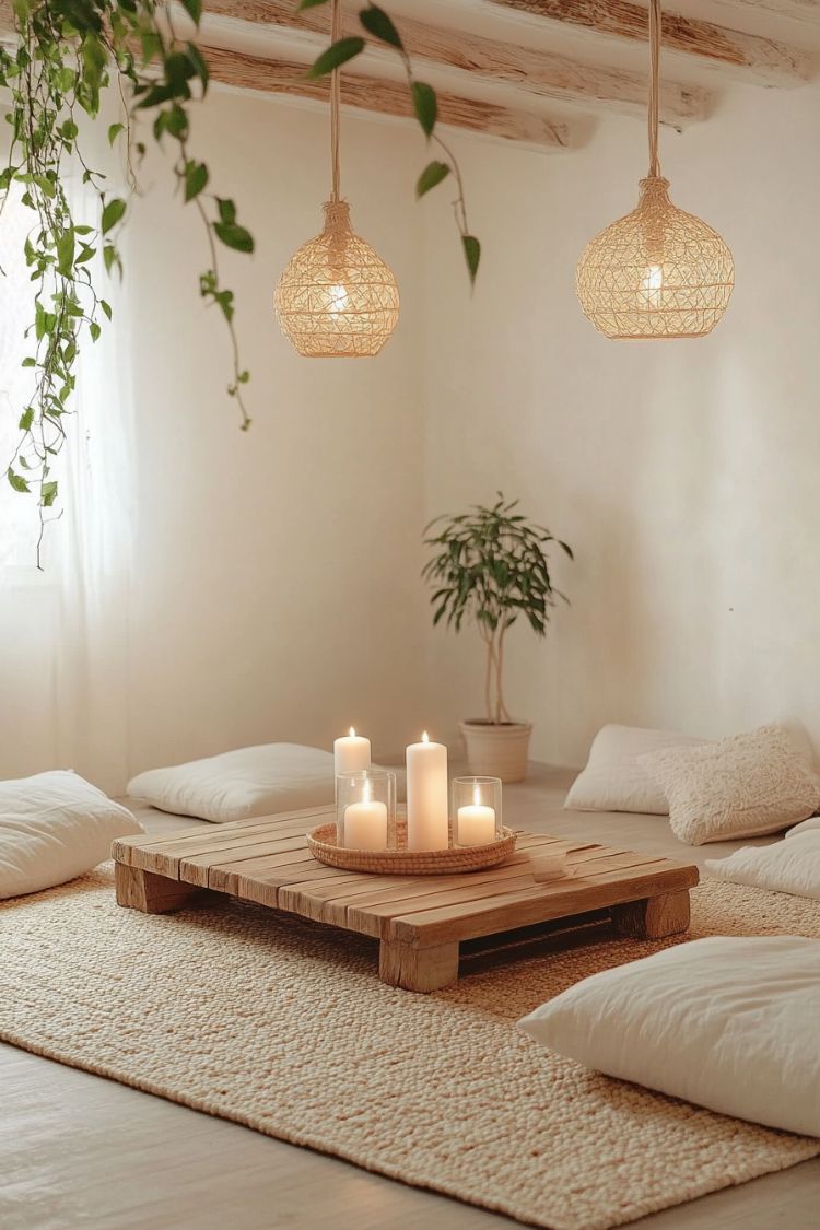 boho yoga room with neutral tones