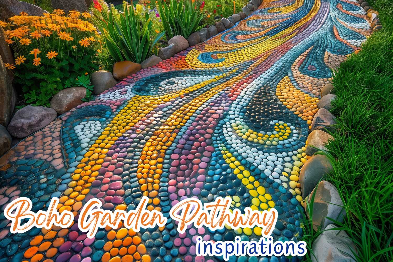 colorful boho garden pathway