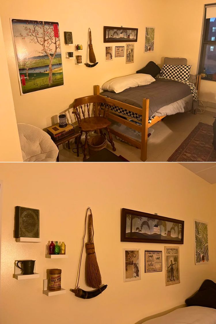 guy dorm room with antique shop vibe
