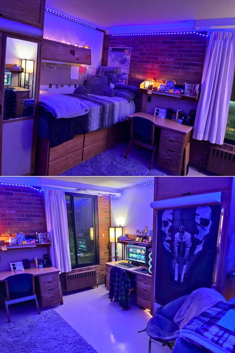 guy dorm room with blue lights