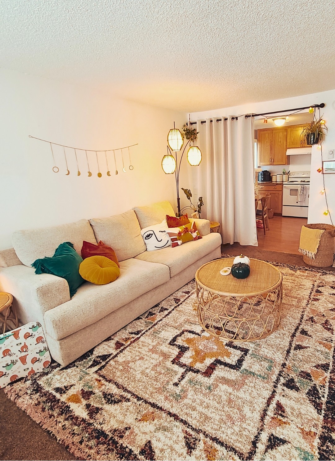 small space with cozy neutral tones and playful decor