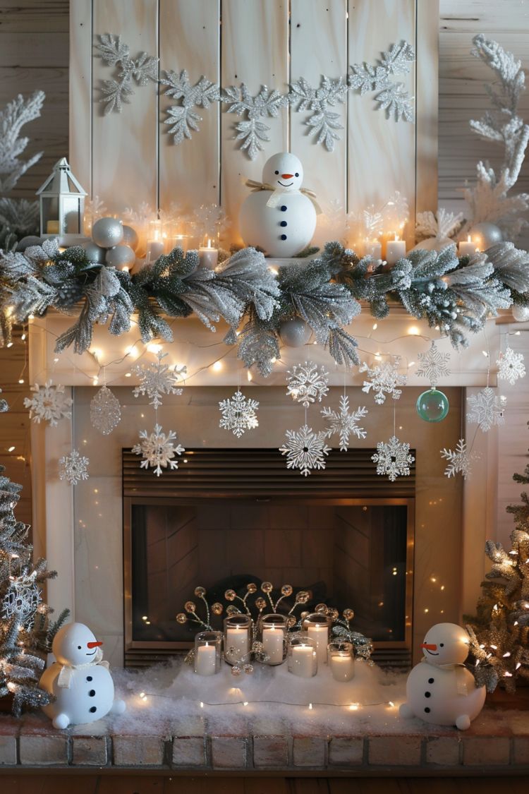 snow inspired decor for mantel in winter