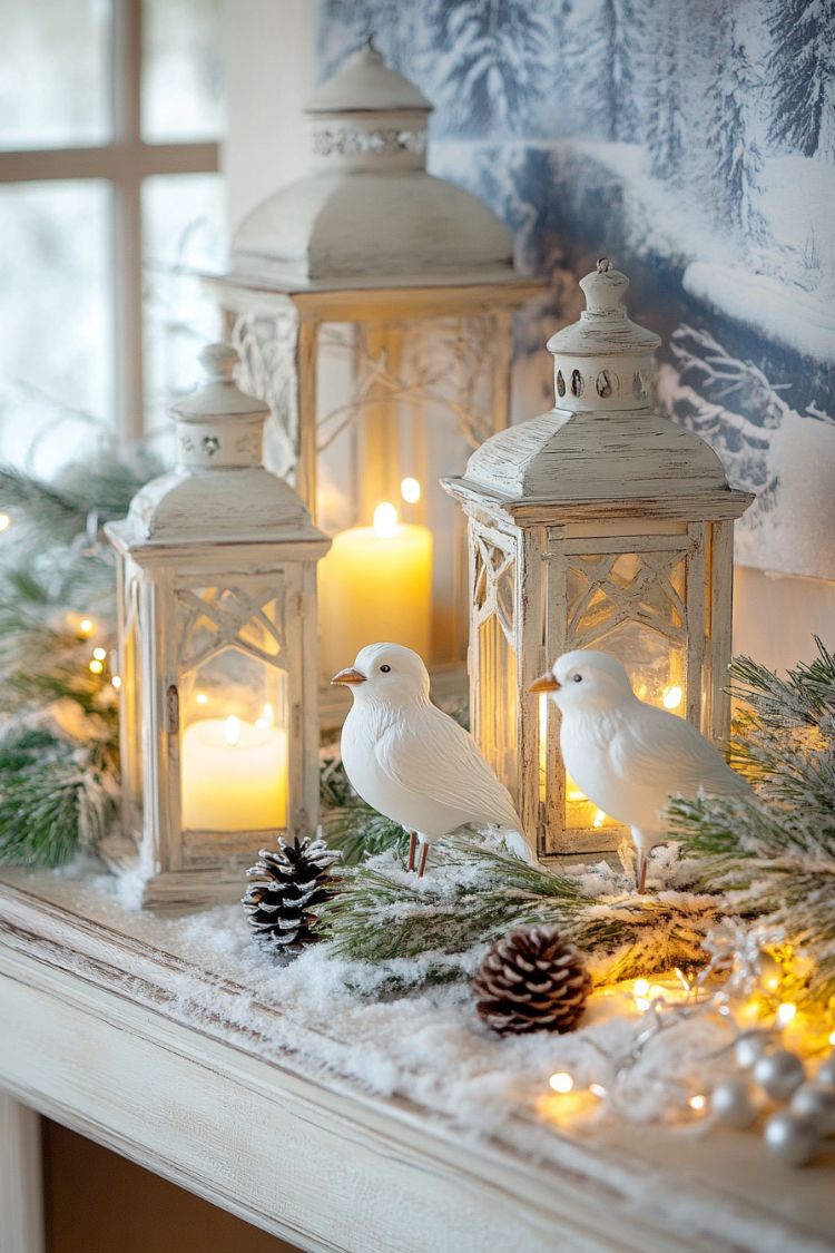 snow inspired decor for mantel