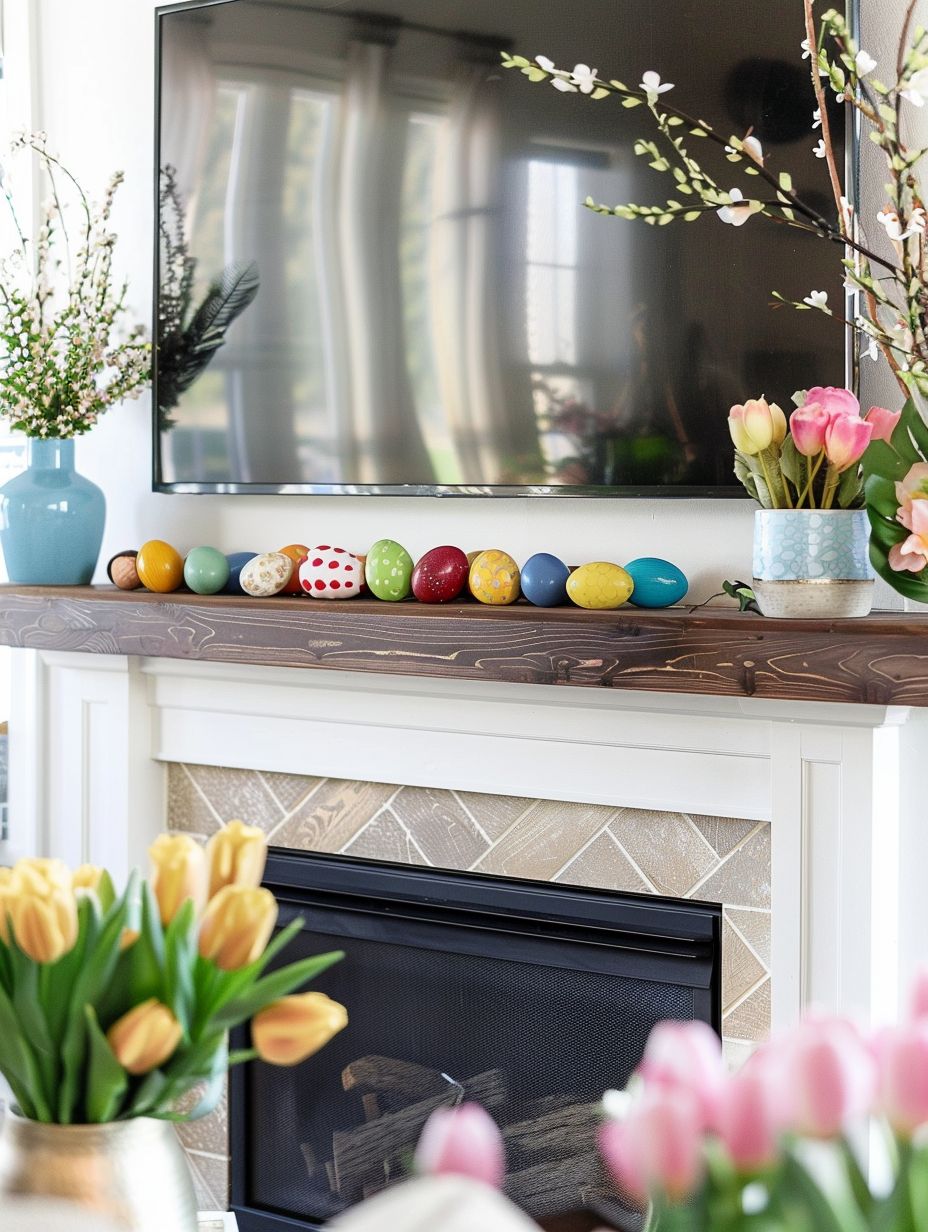 spring mantel decorations under mounted tv