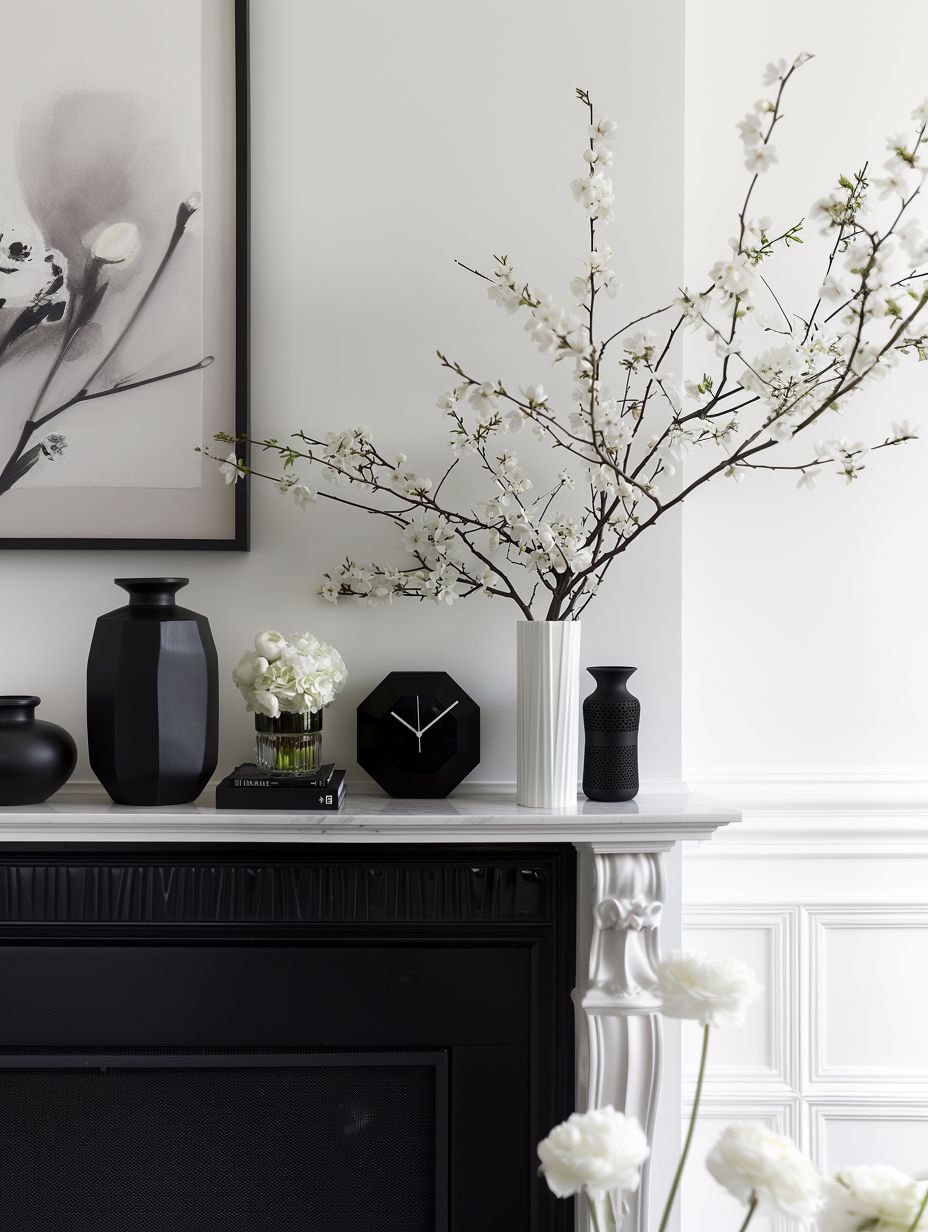 spring mantel decorations with black and white style