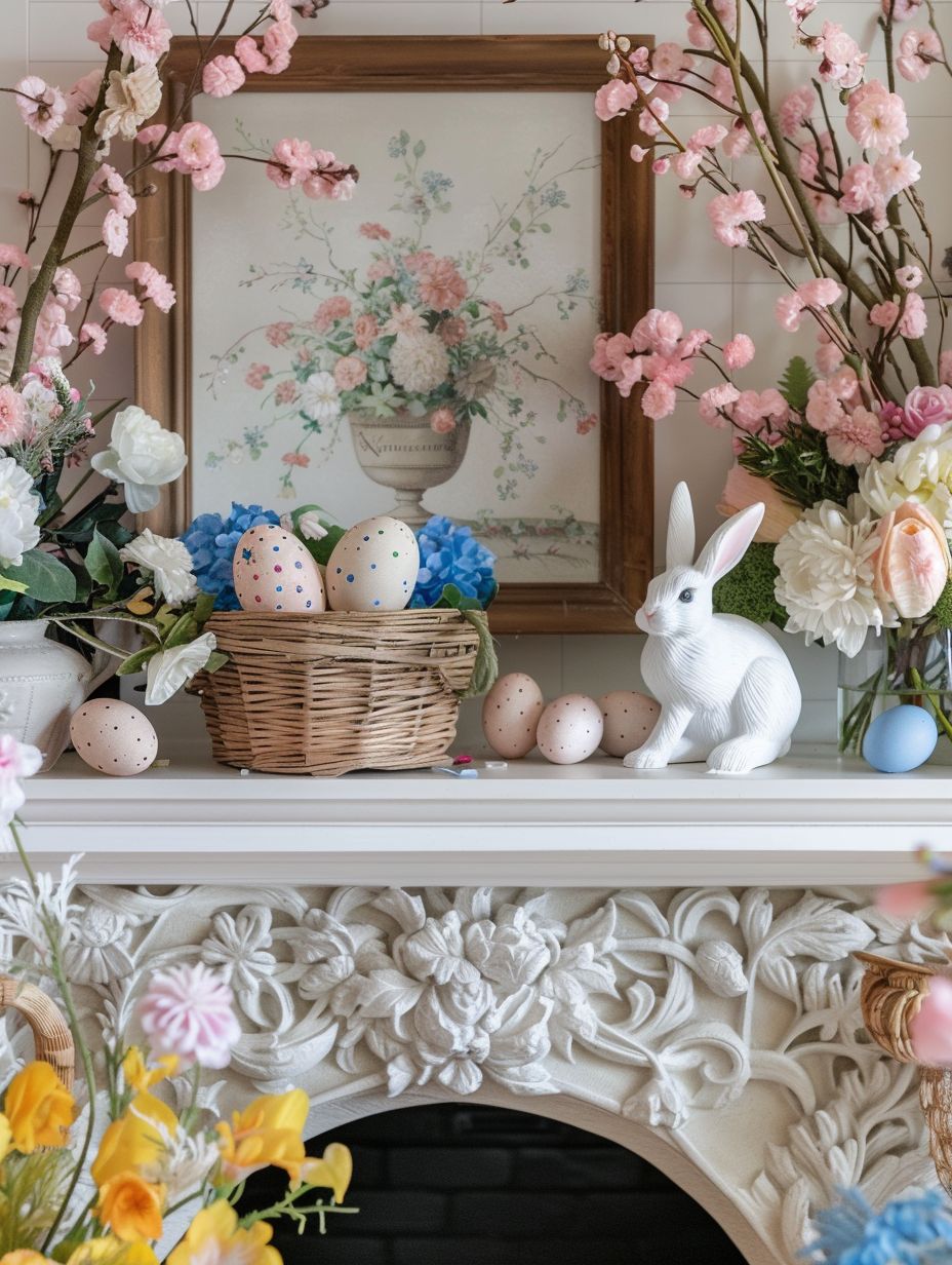 spring mantel decorations with bunny statue and easter eggs