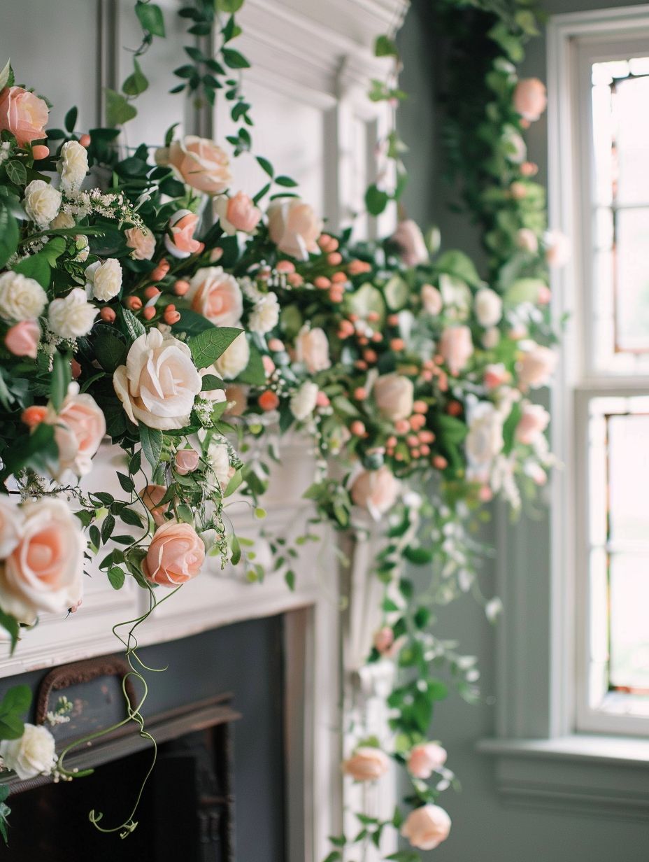 spring mantel decorations with flower garlands