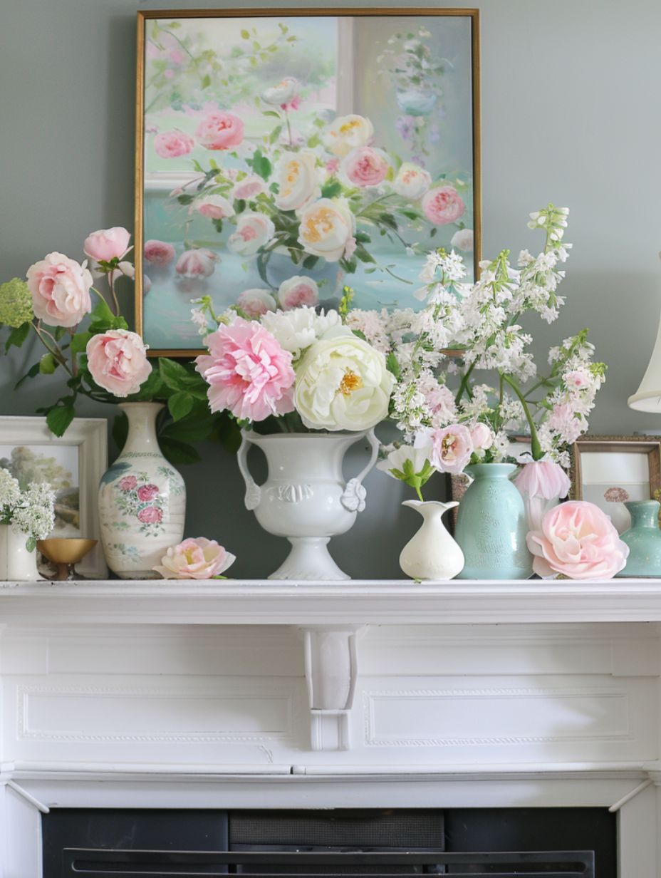 spring mantel decorations with flower vases