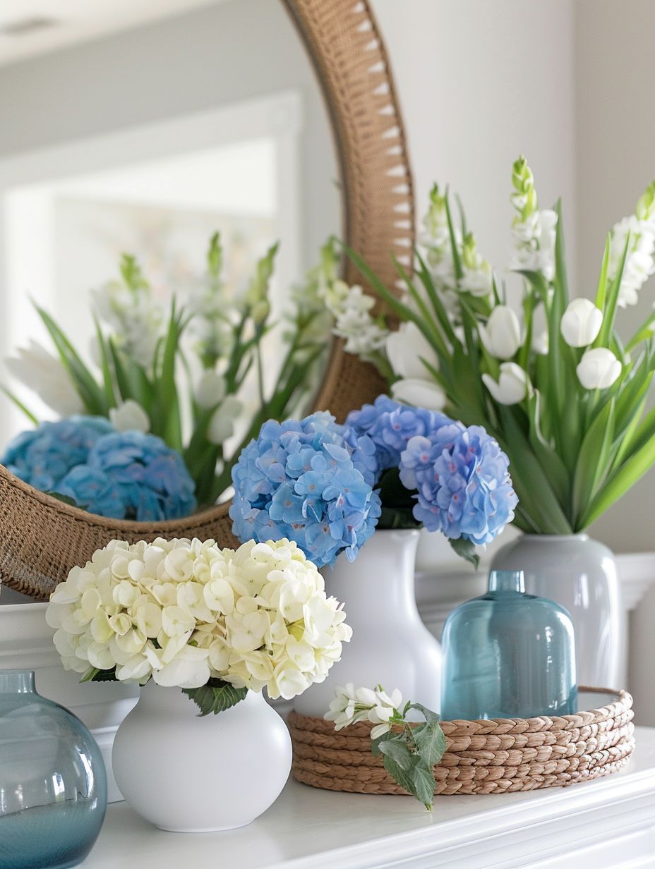 spring mantel decorations with mirror and flower vase