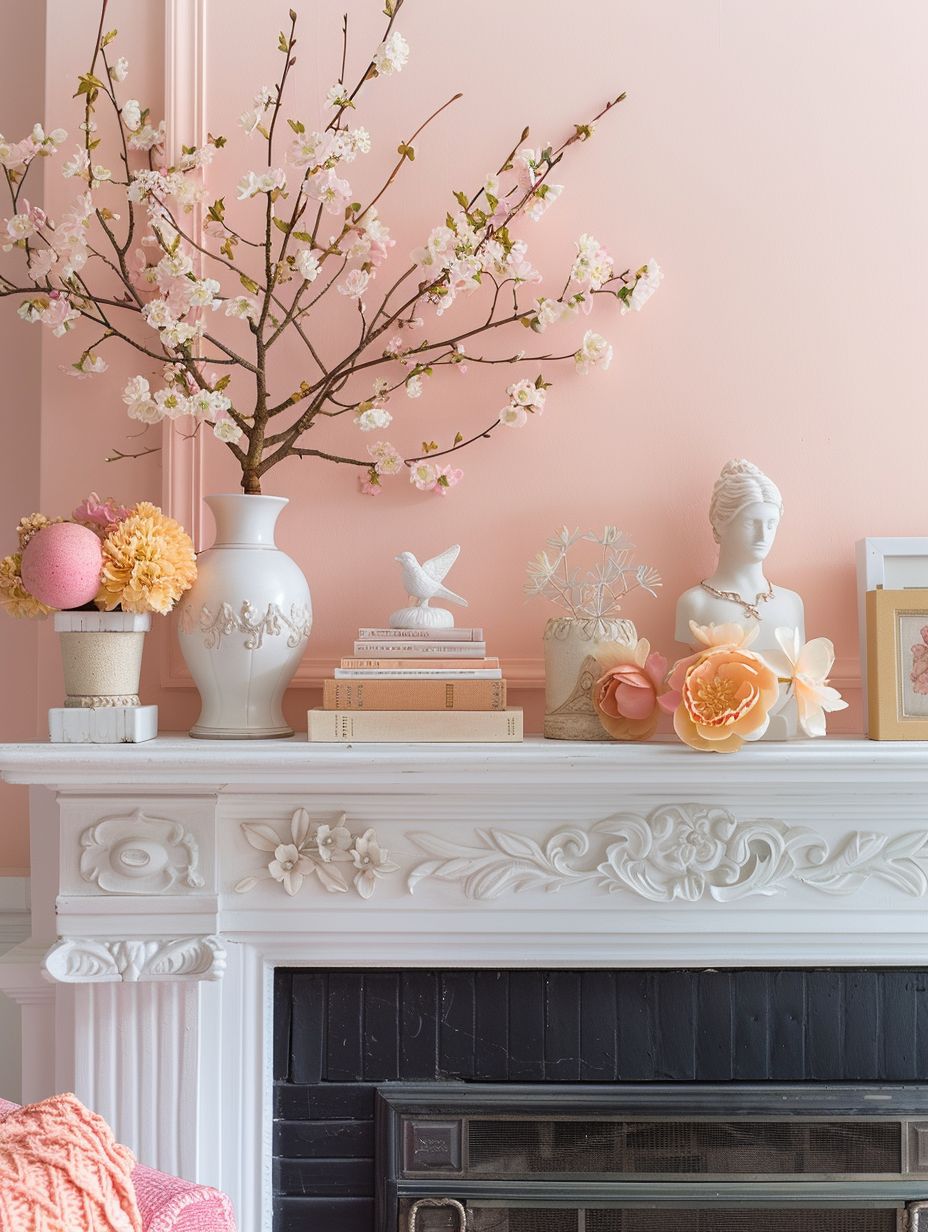 spring mantel decorations with pastel wall