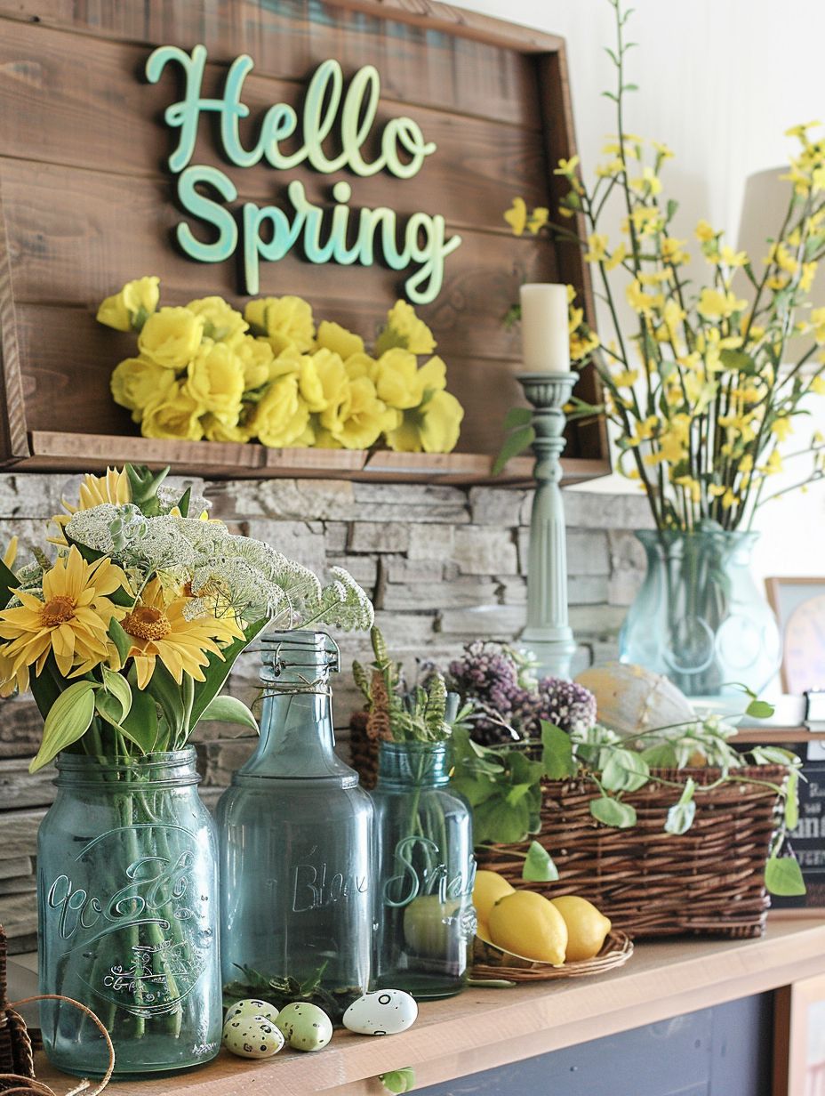 spring mantel decorations with wooden board and flower vases