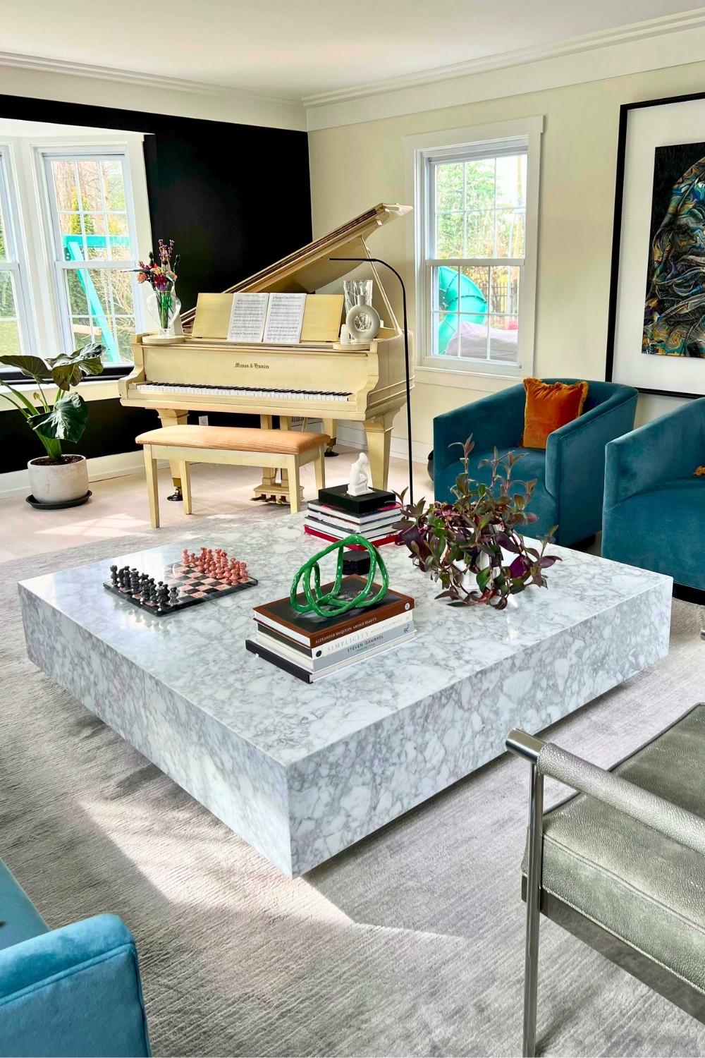 square marble coffee table modern chic living room with velvet chairs