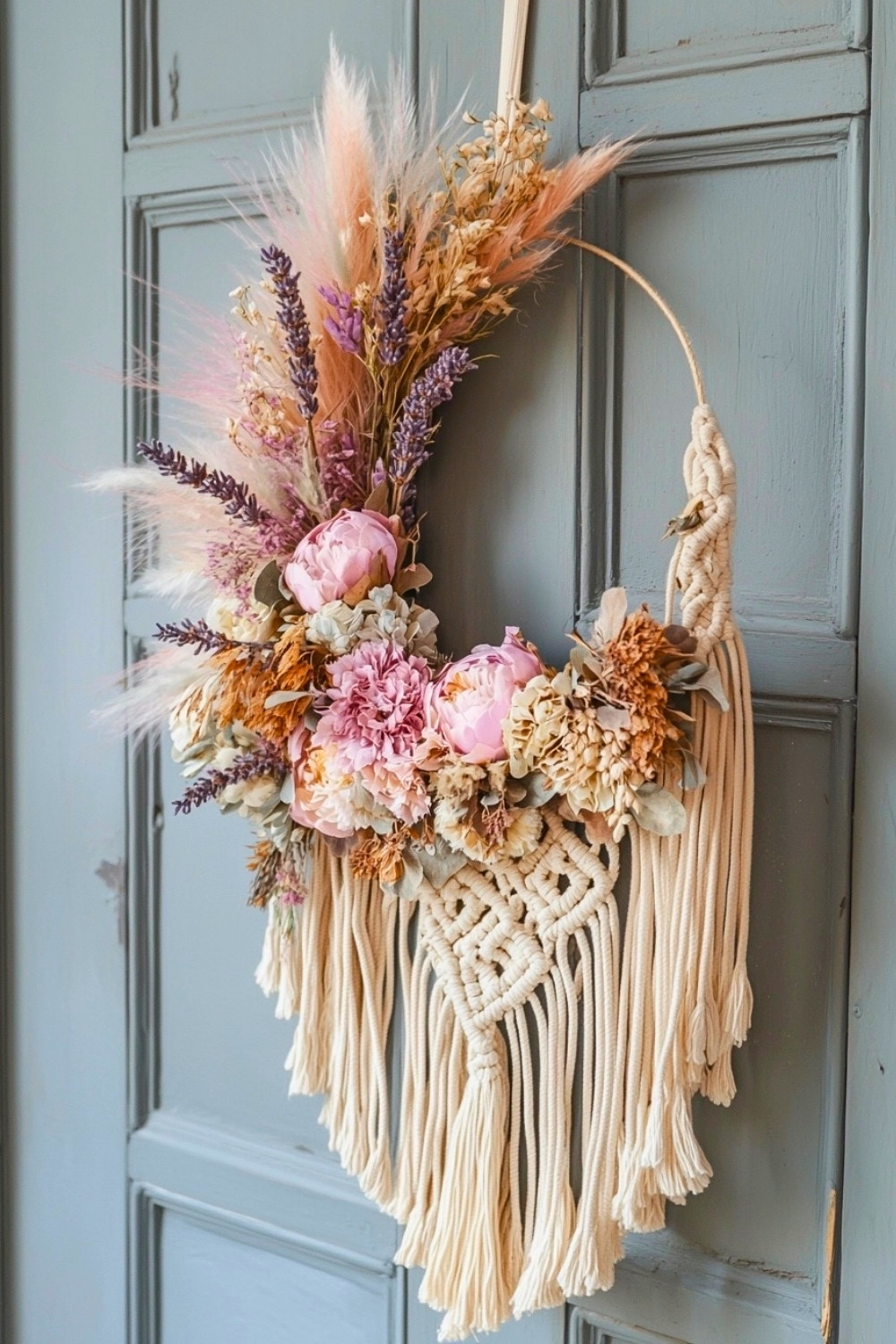 Boho Floral Macrame Wreath With Soft Pastel Accents for a Romantic Front Door Decor