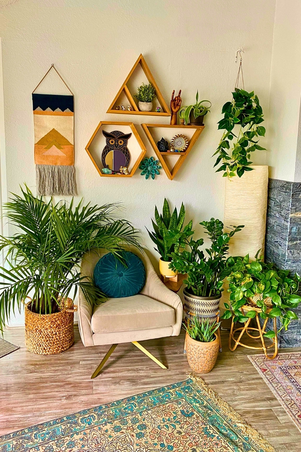 Boho Plant-Filled Reading Nook with Geometric Shelves