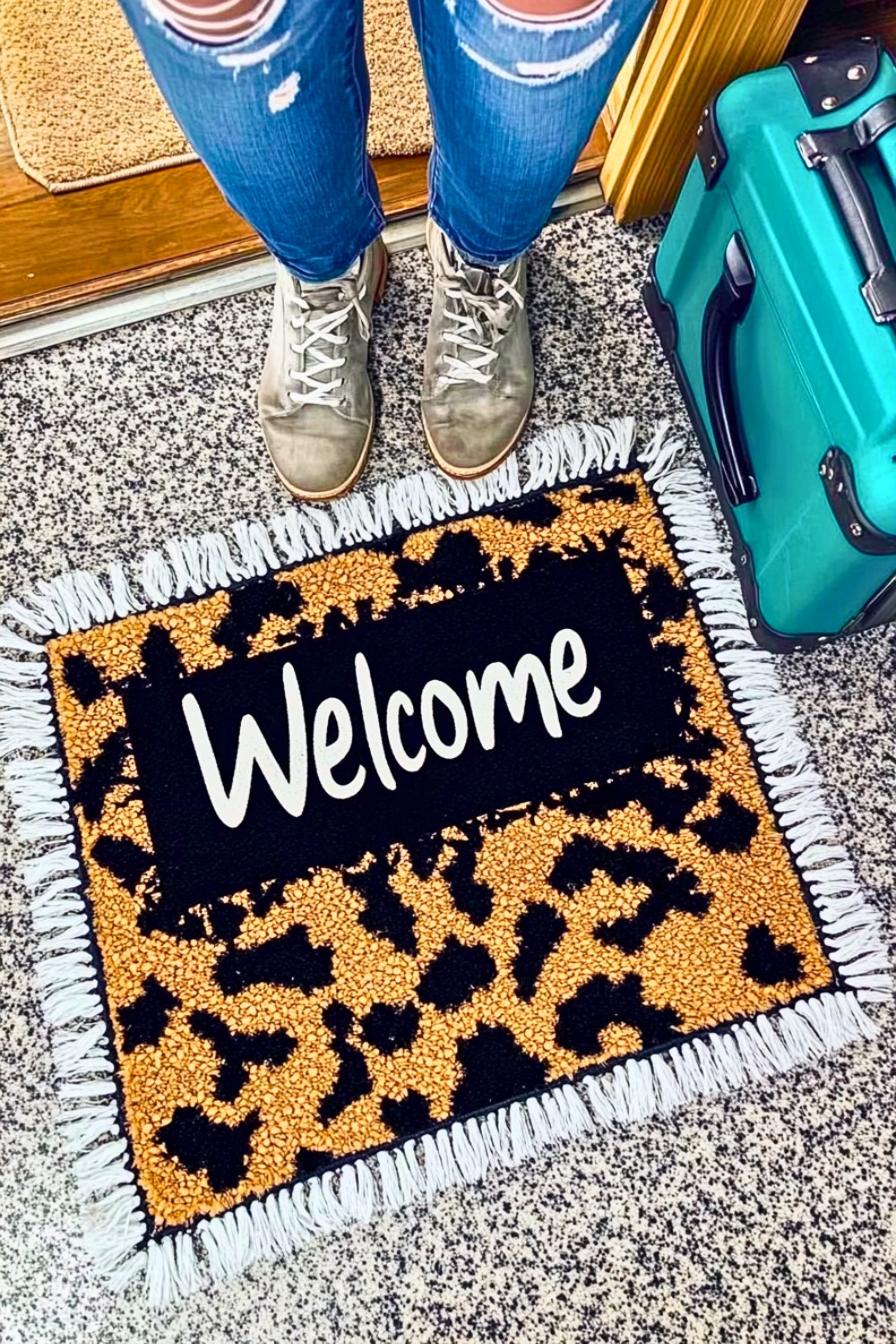Boho Welcome Mat with Cowhide Design