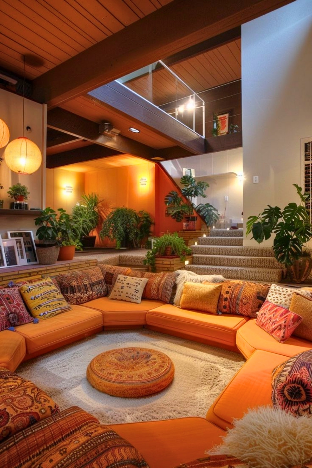 Bold Orange Conversation Pit Surrounded by Indoor Plants and Warm Lighting