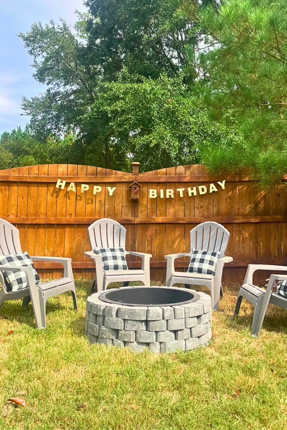 Budget Round Brick Fire Pit Near Fence With Chairs—Birthday Surprise