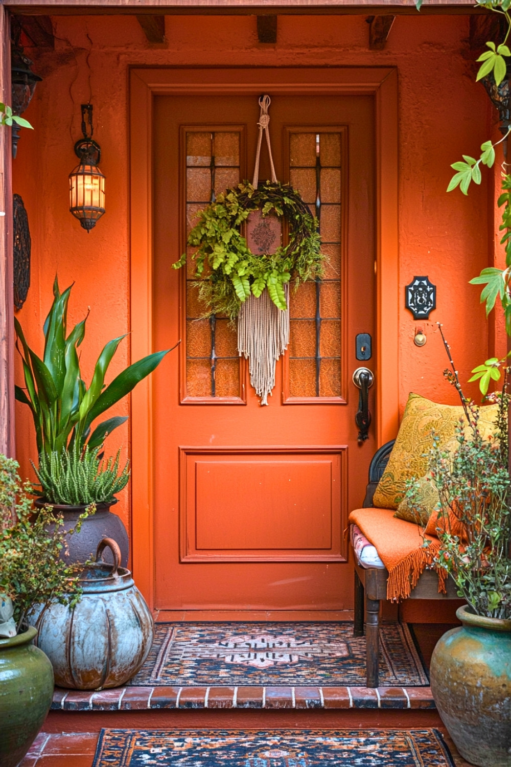Burnt Orange Front Door With Boho Macrame Wreath and Cozy Textures