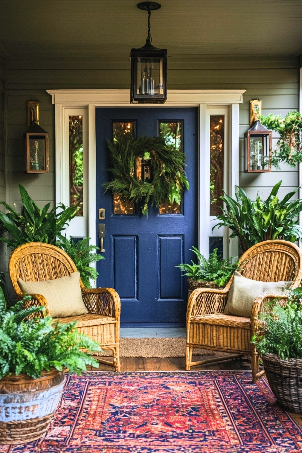 Classic Navy Blue Boho Porch With Rattan Seating and Evergreen Wreath