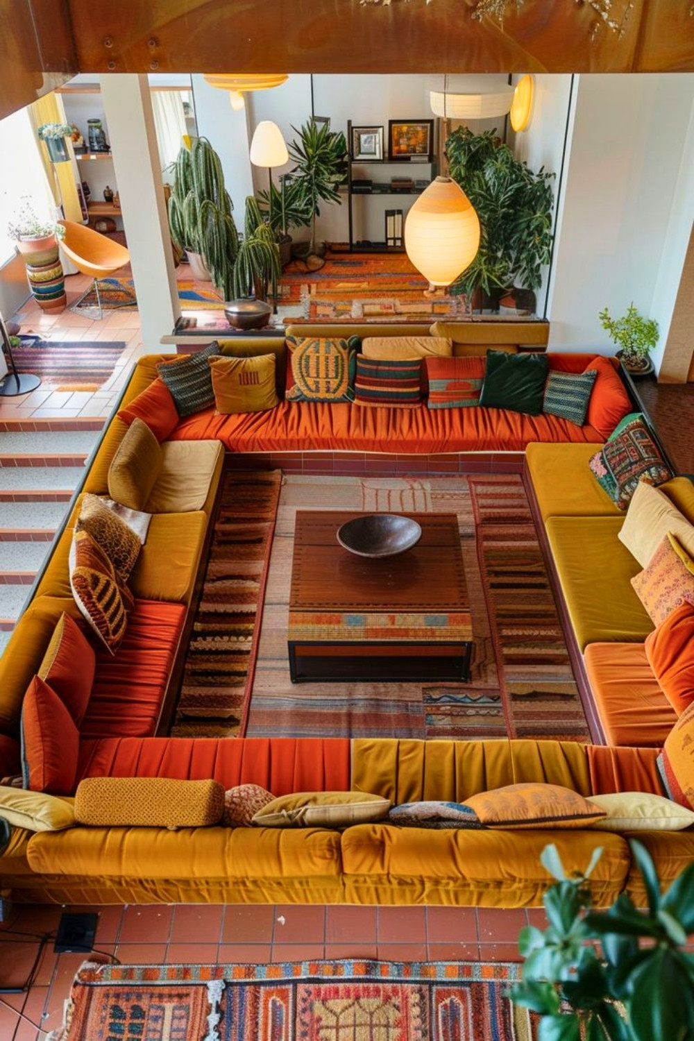 Colorful Mid-Century Conversation Pit With Layered Rugs and Bright Textiles