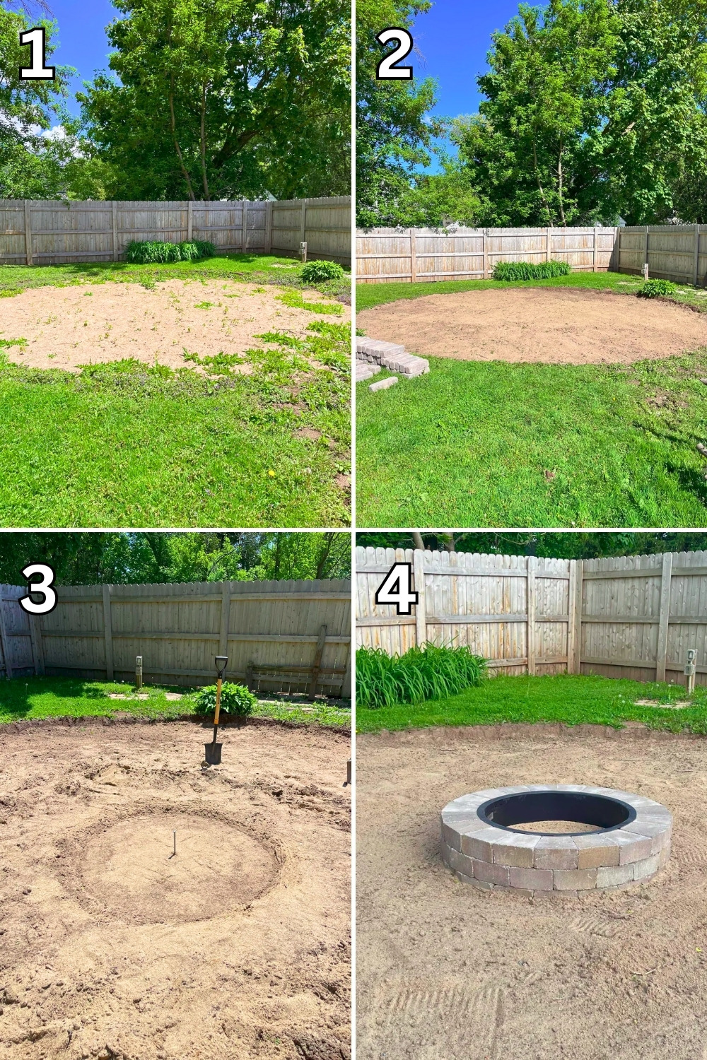 Converted Pool Area Stone Fire Pit With Crushed-Granite Seating And Lights Plan