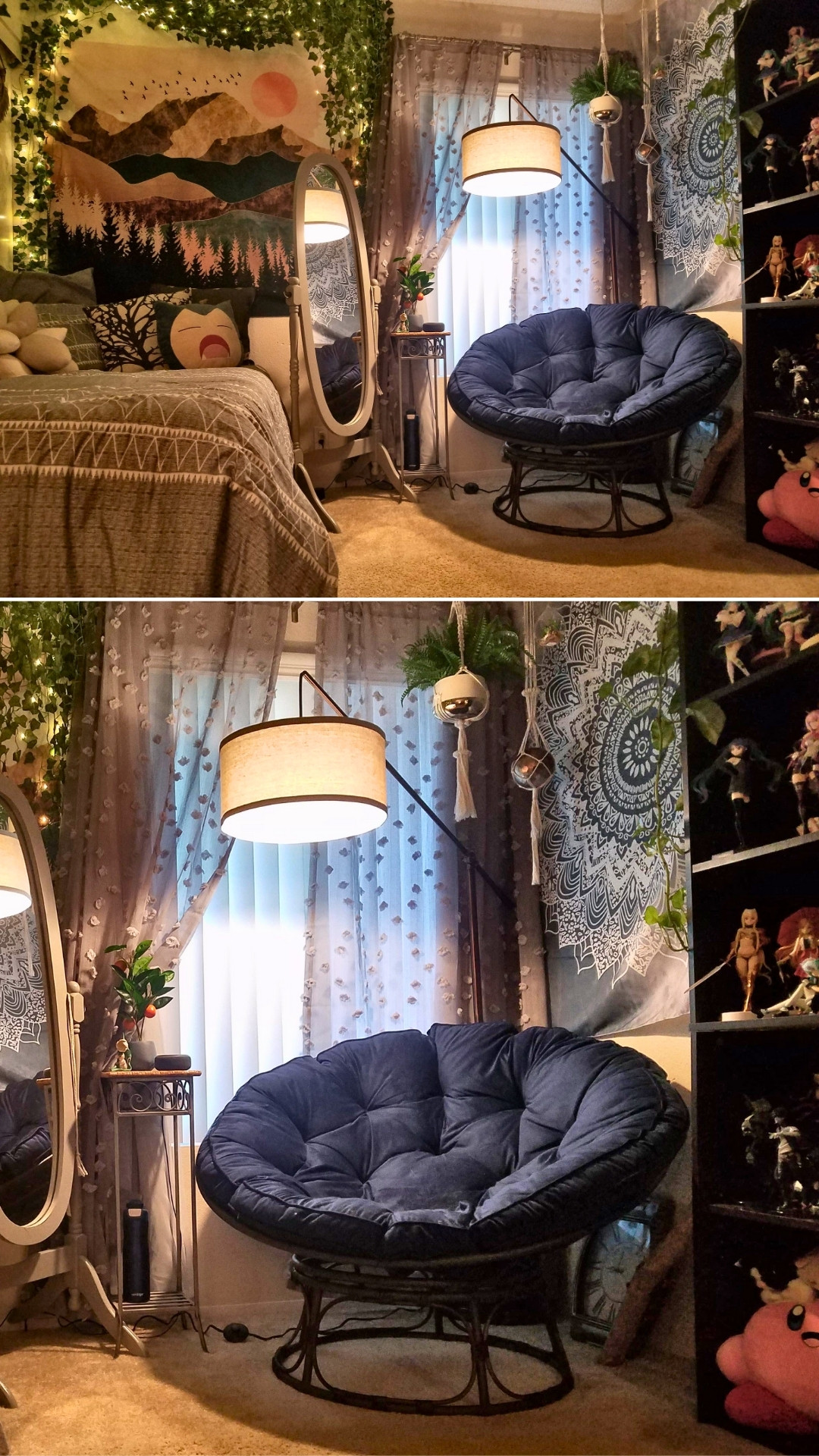 Cozy Blue Papasan Chair Reading Nook with Boho Vibes