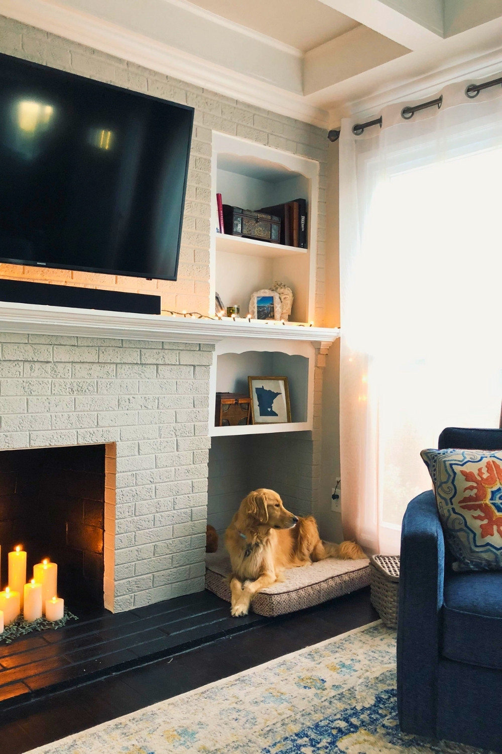Cozy Dog Corner with Fireplace Candles and TV