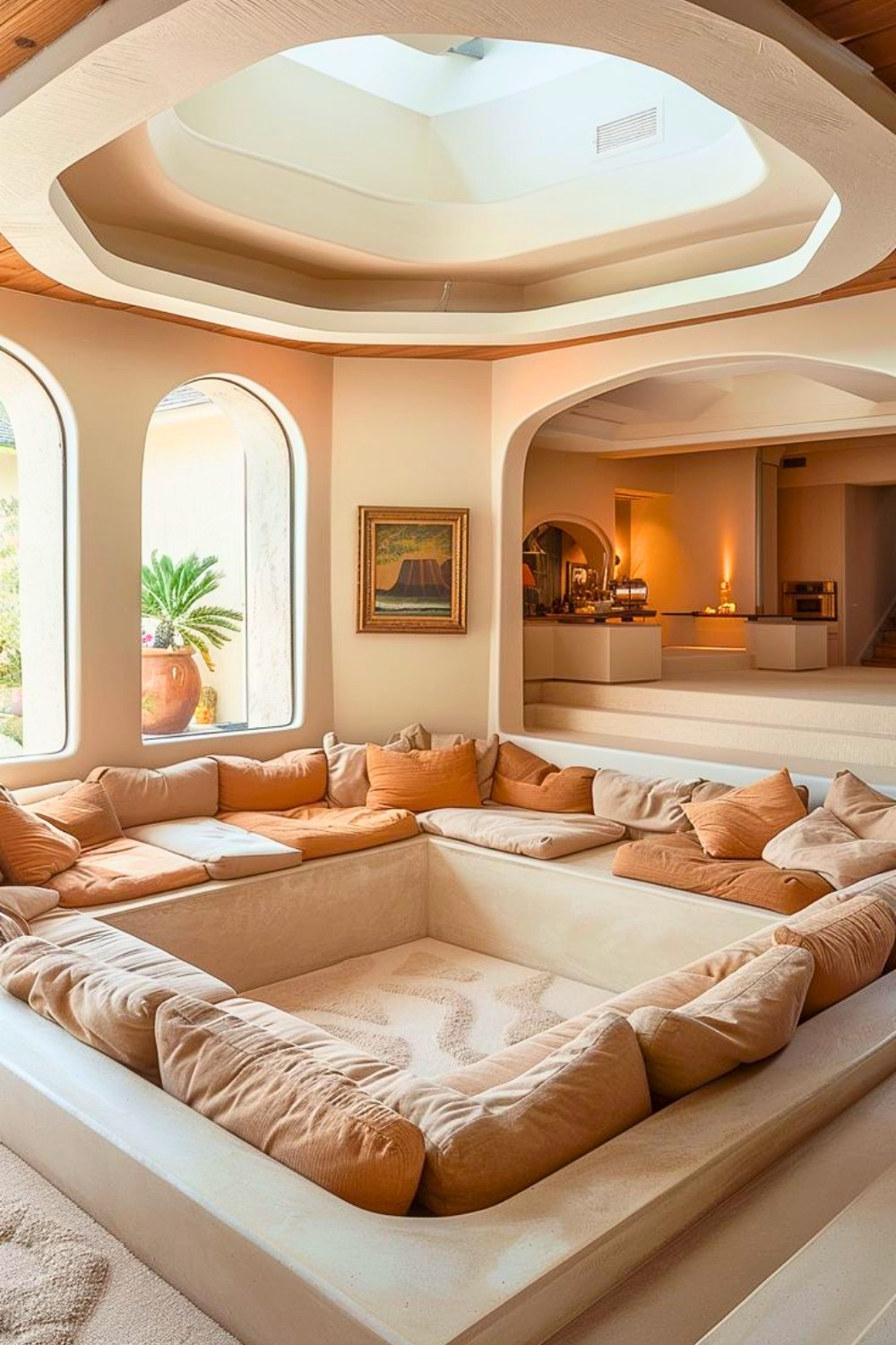 Cream Conversation Pit With Arched Frames and Cozy Lighting