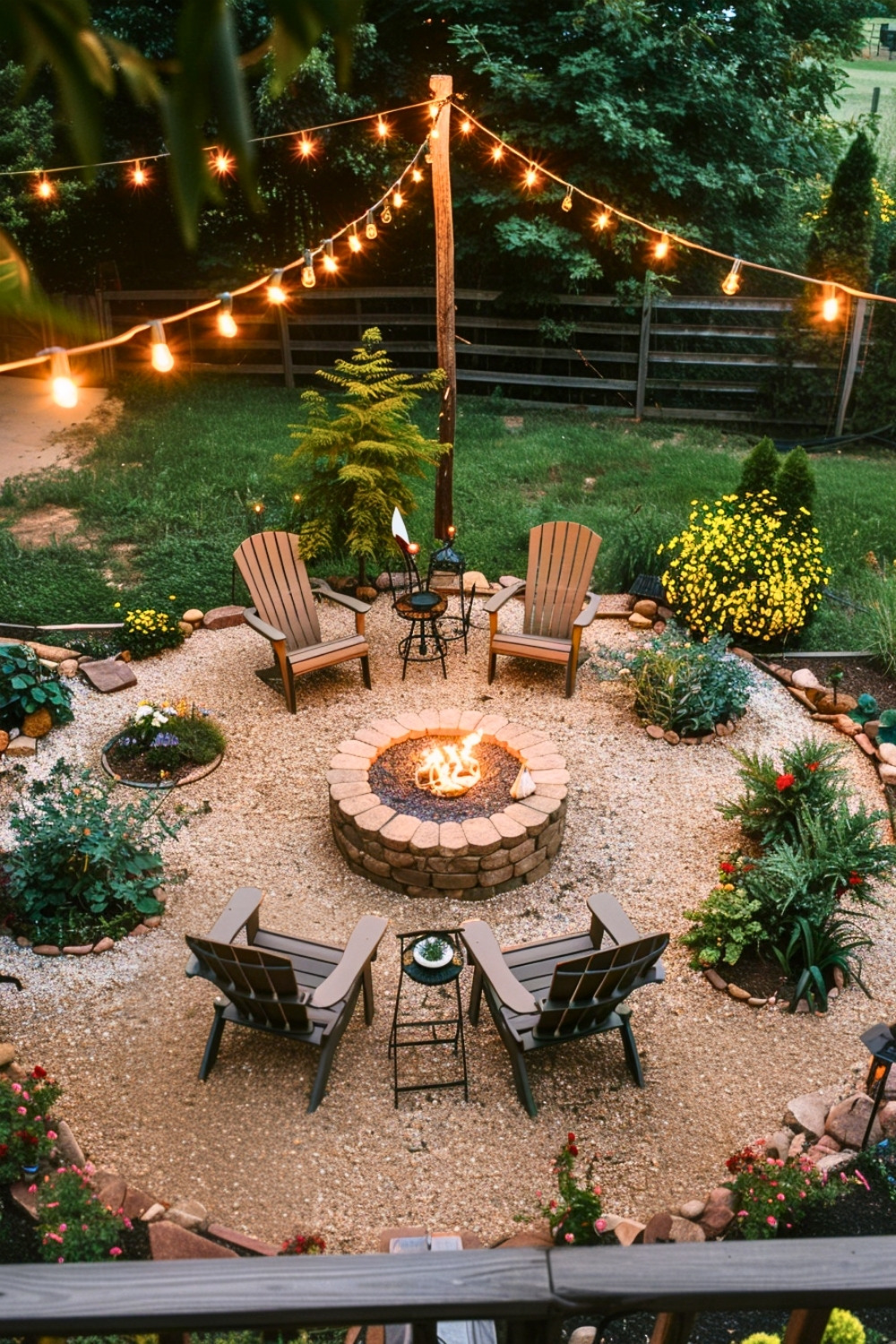 DIY Gravel Fire Pit Circle with Adirondack Chairs, Garden Edging, and Warm Outdoor Lighting for Hosting Gatherings