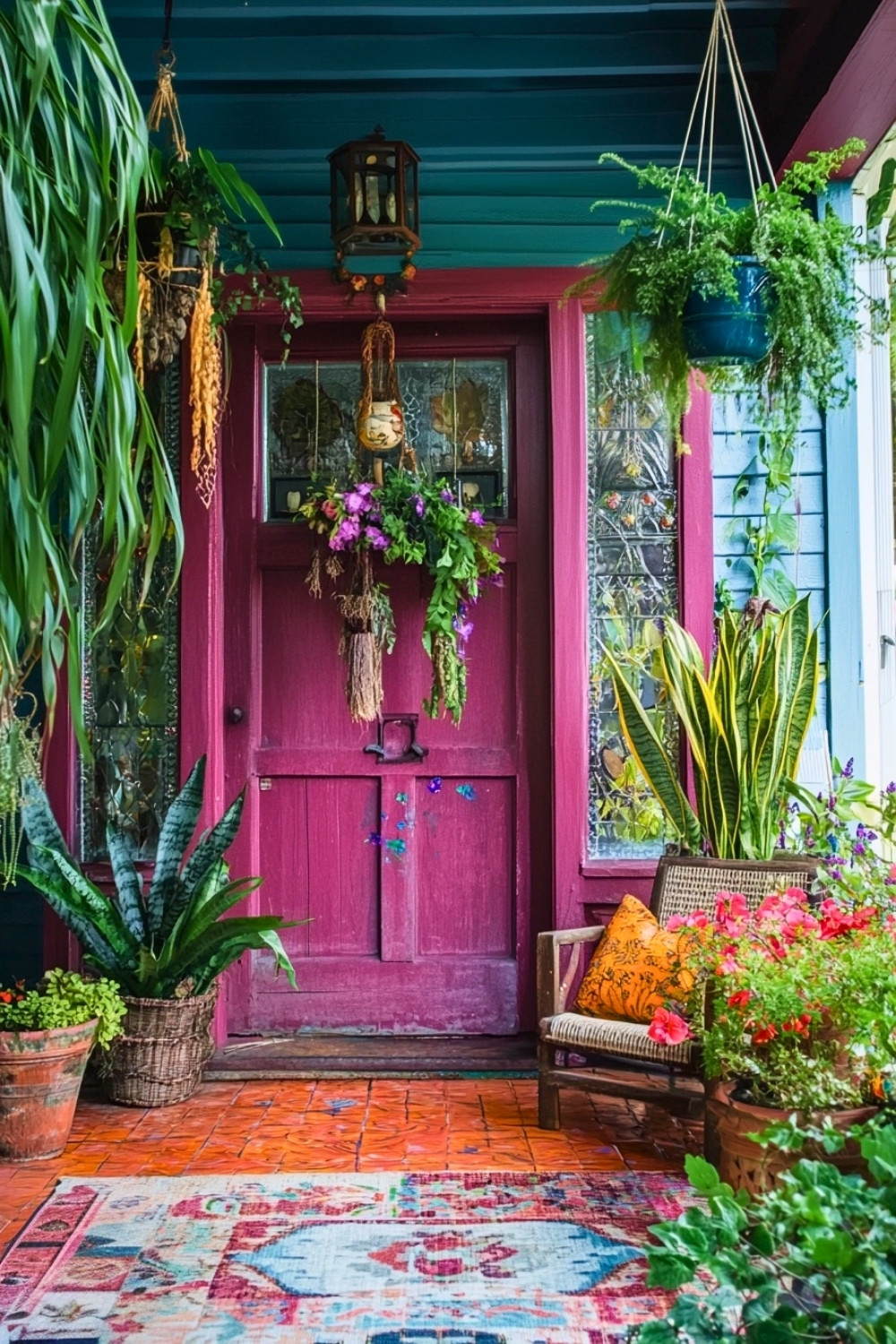 Eclectic Boho Front Door With Fuchsia Paint and Lush Greenery