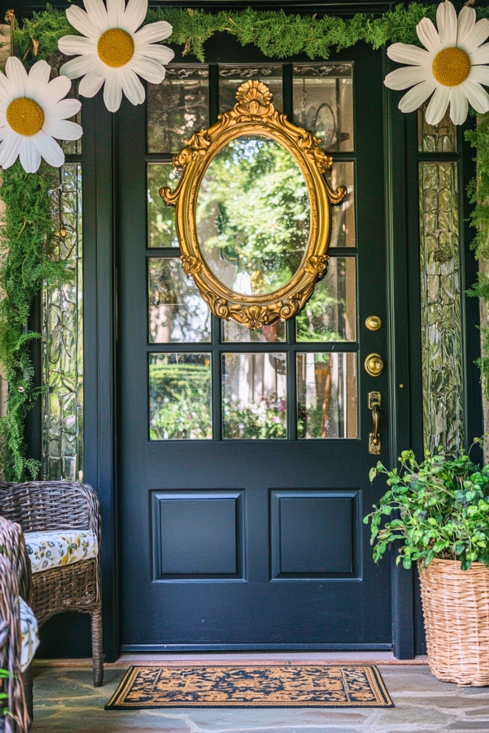 Elegant Boho Entrance With Black Door and Ornate Gold Mirror Wreath Alternative