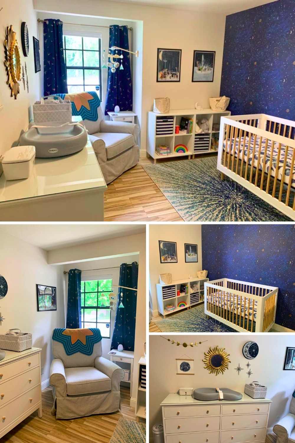 Elegant Celestial Nursery With Deep Blue Wallpaper and Gold Accents