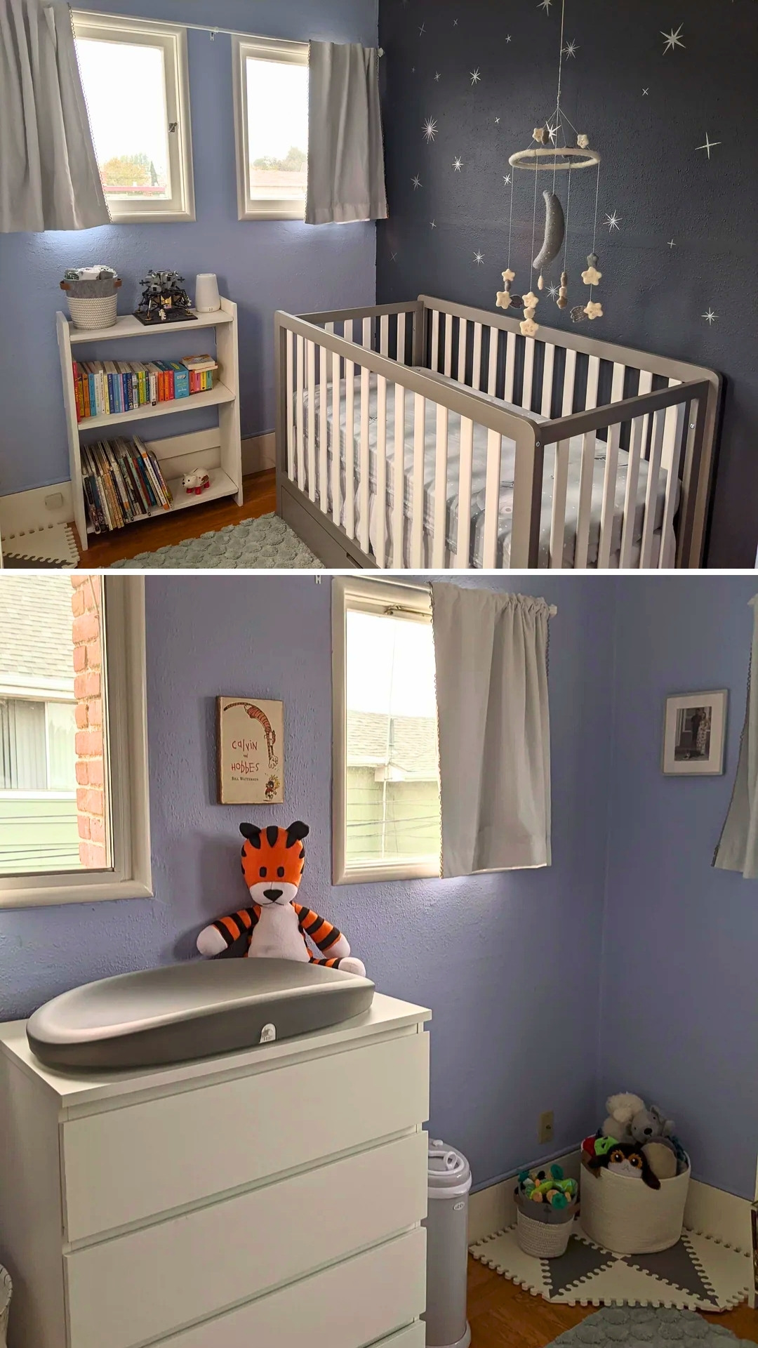 Gender-Neutral Galaxy Nursery With Navy Accent Wall, Star Decals, And Moon Mobile