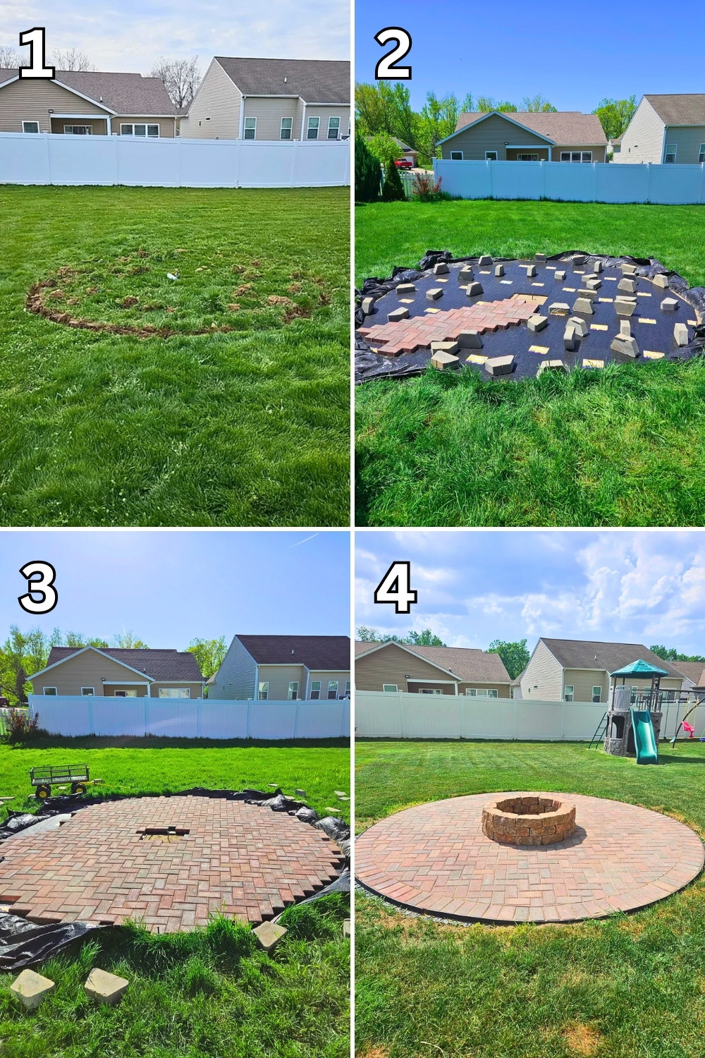 Herringbone Paver Patio With Round Brick Fire Pit And Movable Seating For Hosting