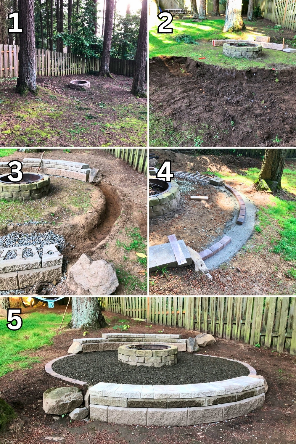 Hillside Fire Pit With Curved Retaining Walls And Pea Gravel In The Woods