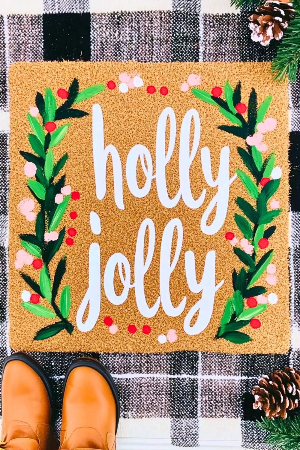 Holly Jolly Doormat with Buffalo Plaid Layer