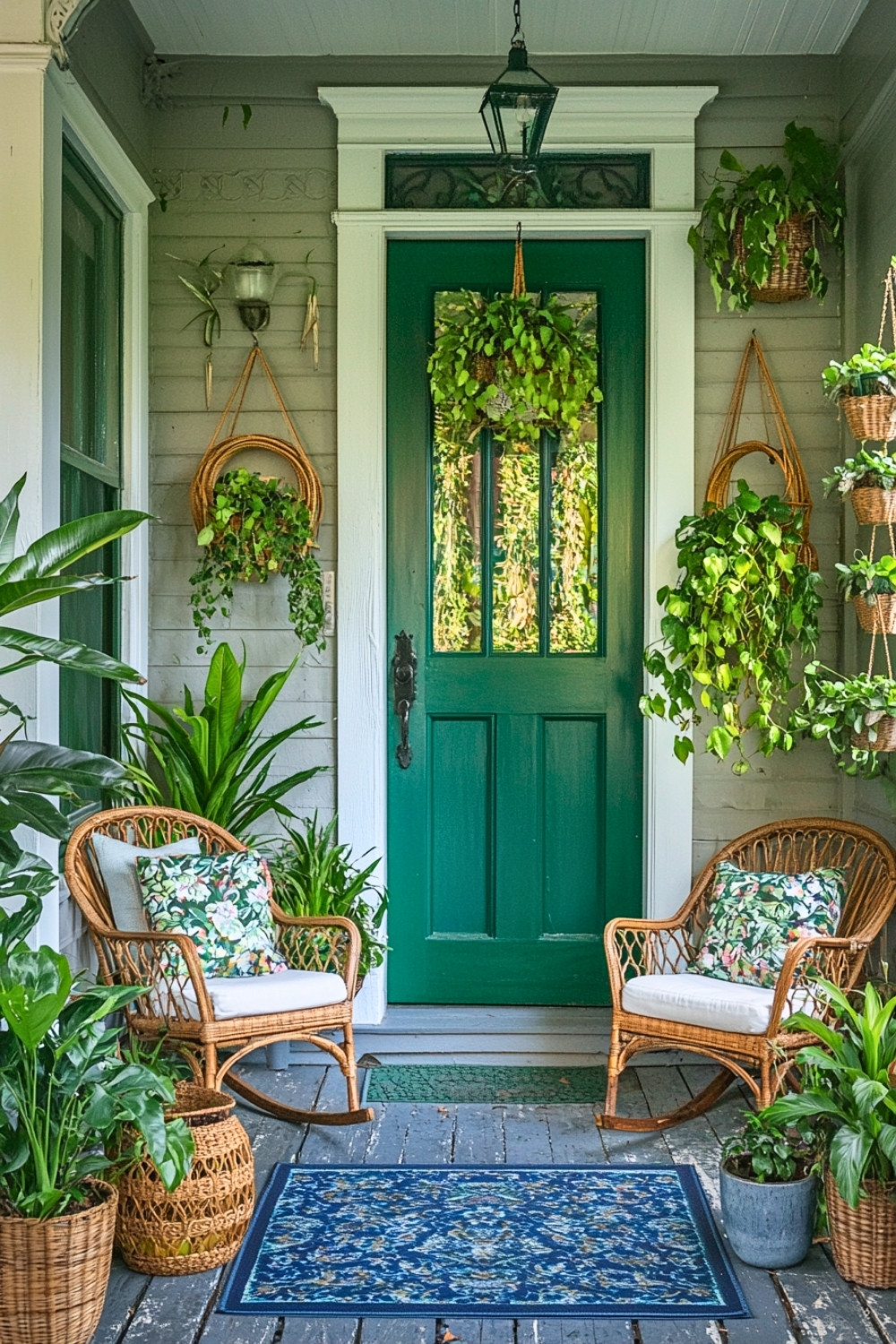 Lush Green Boho Porch With Hanging Plants and Rattan Rockers