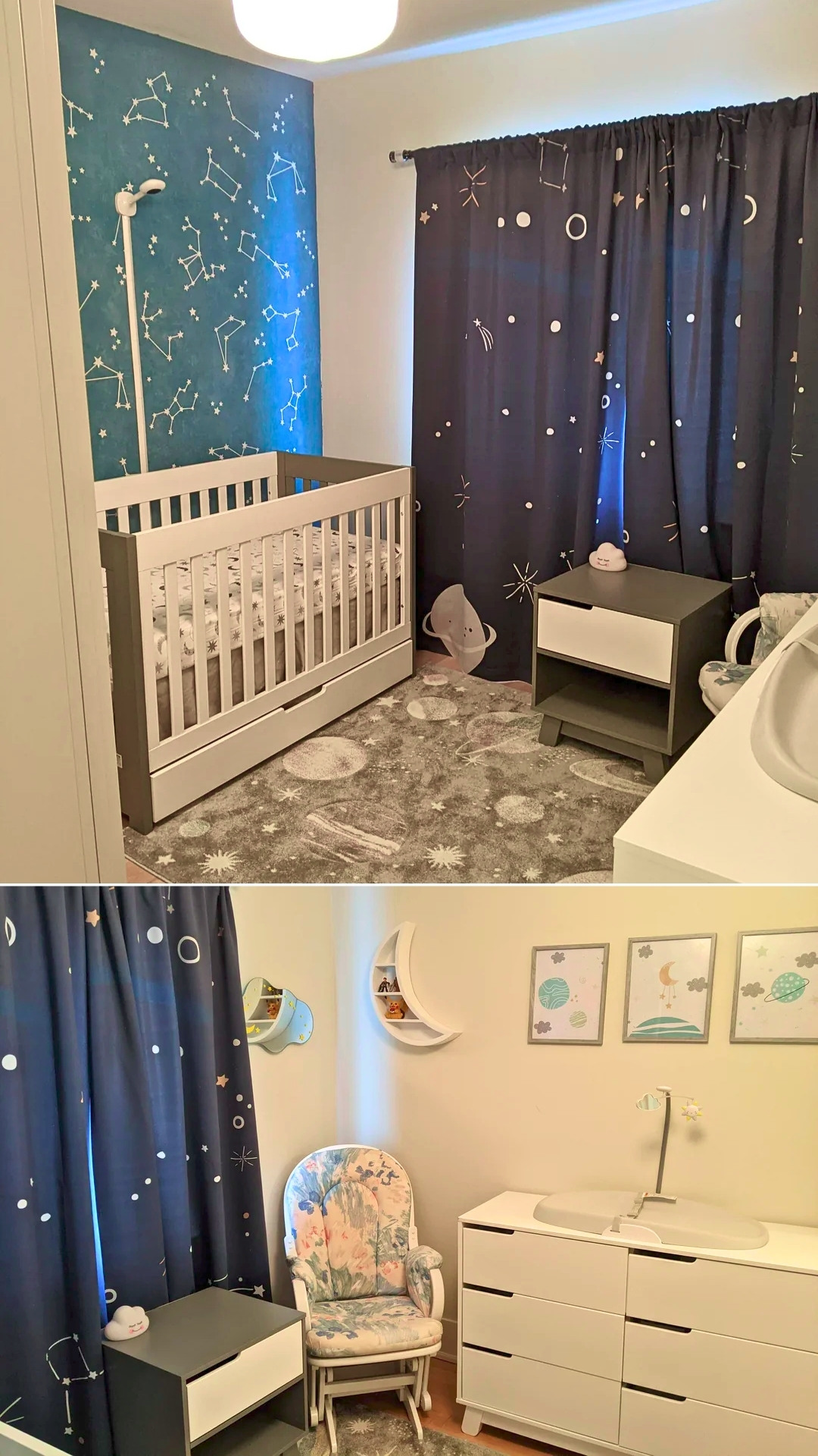 Modern Constellation Nursery With Cloud-Wash Wall, Space Curtains, And Moon Shelf