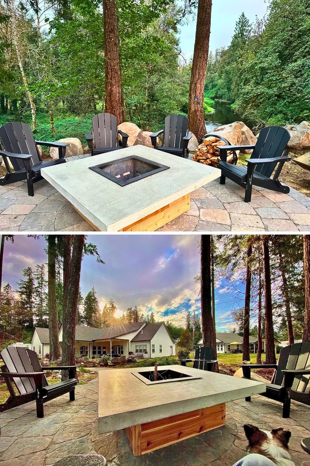 Modern Square Smokeless Concrete Fire Table Overlooking Creek