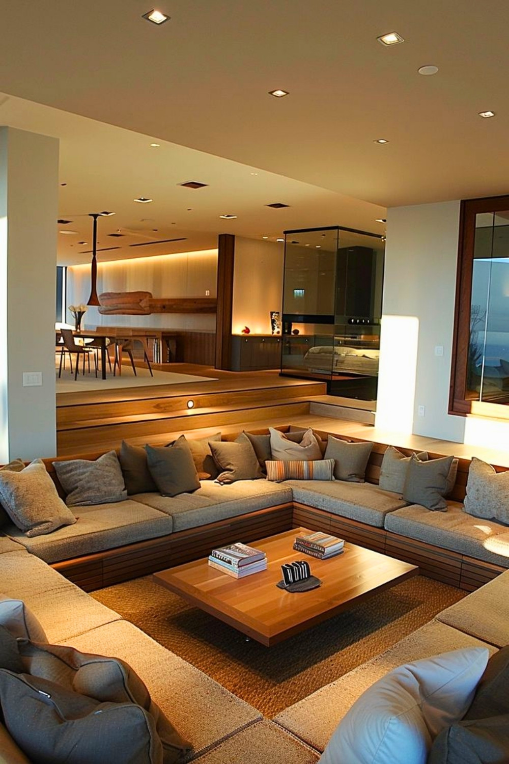 Modern Sunken Living Room With Wood Steps and Minimalist Sofa Design