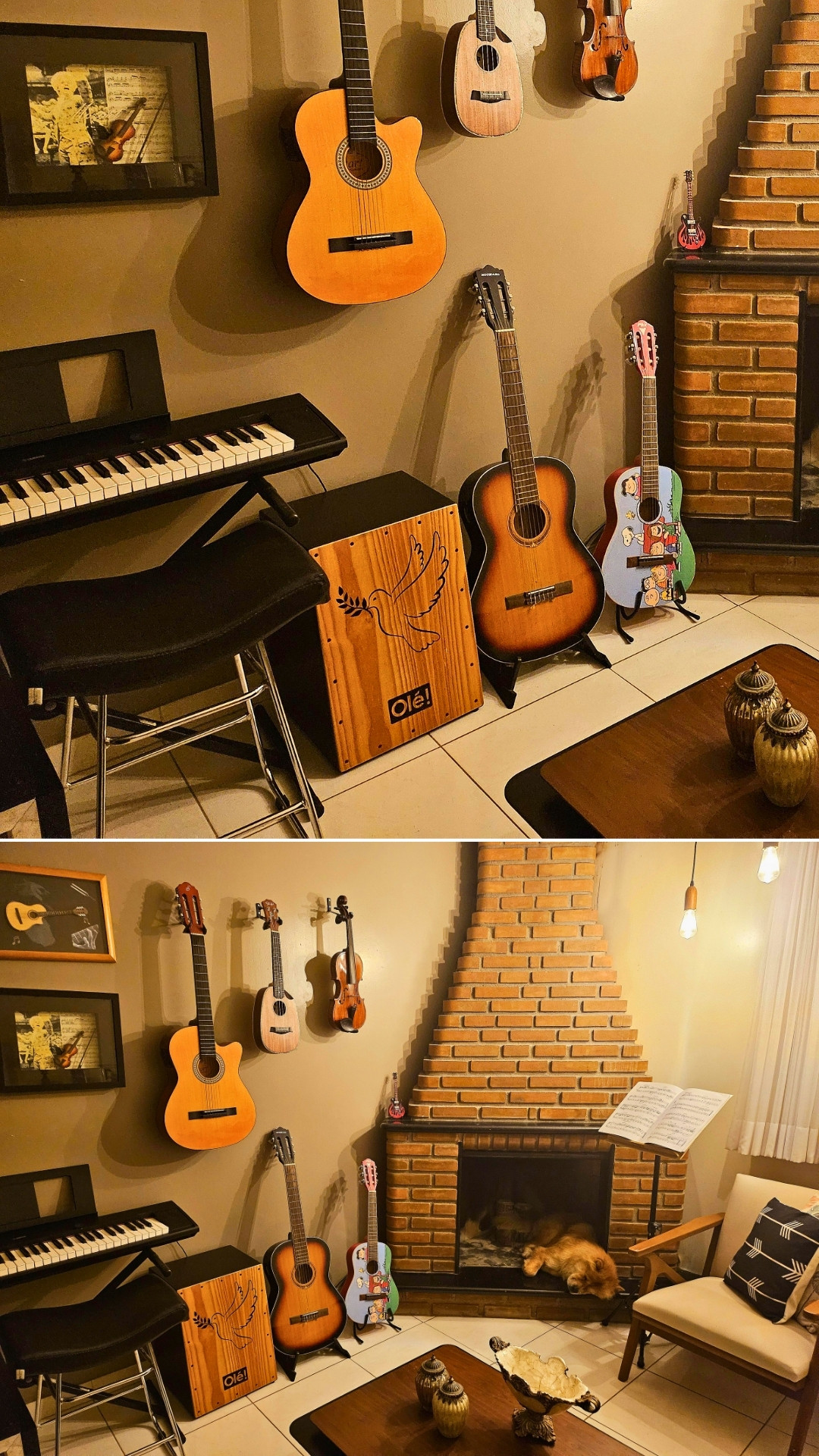Musical Fireplace Corner With Guitars And Cozy Chow Chow
