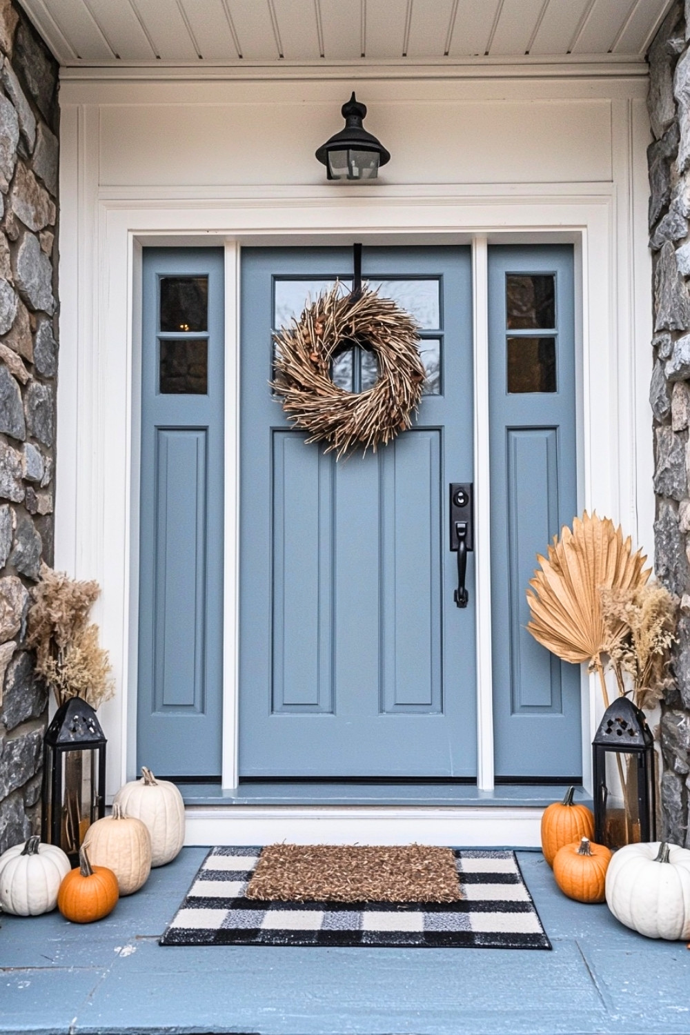 Neutral Fall Boho Front Door With Minimalist Wreath and Rustic Pumpkins