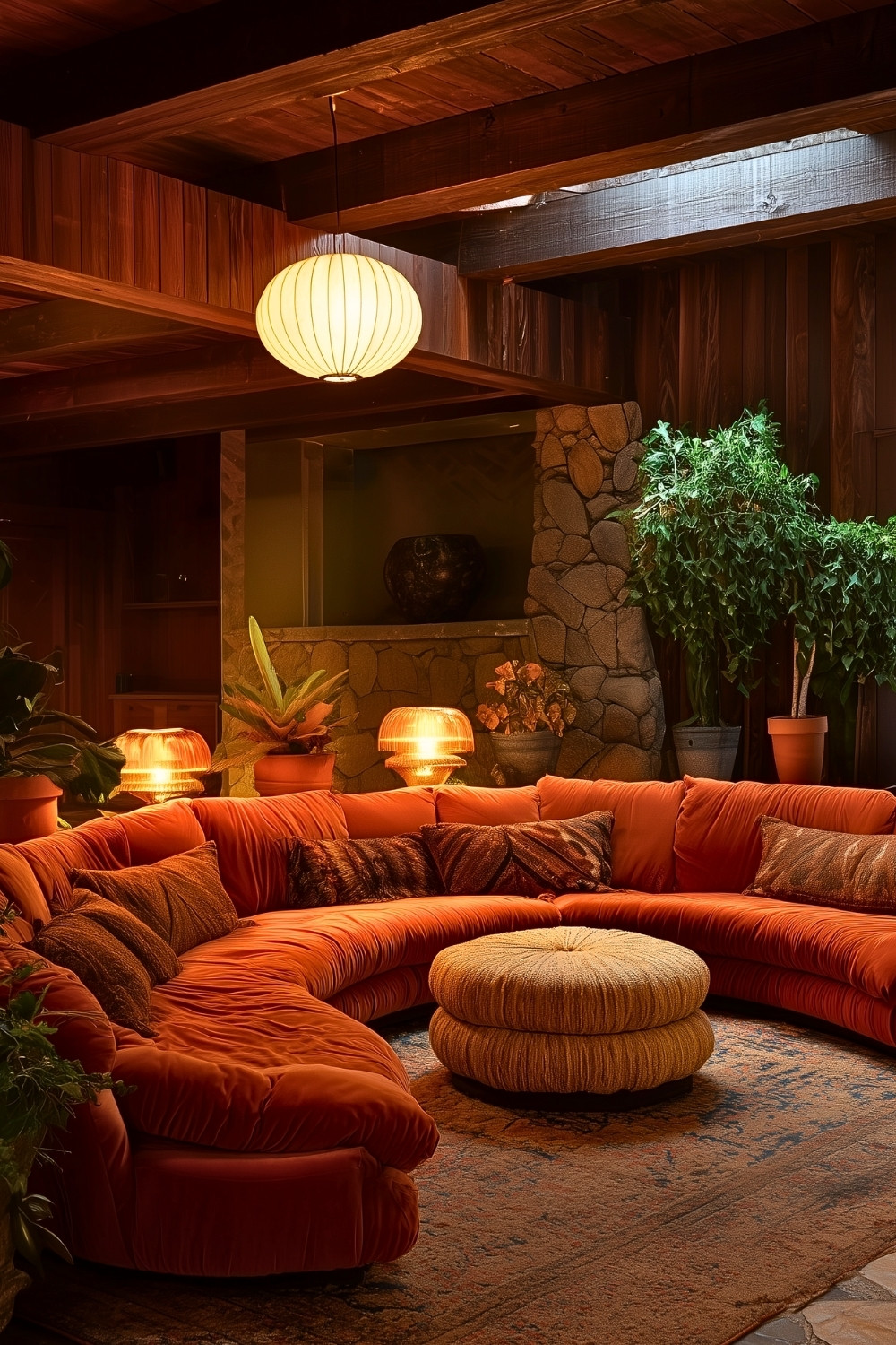 Retro Orange Velvet Sunken Conversation Pit With Warm Ambient Lighting