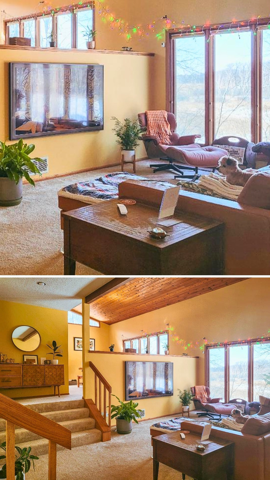 Retro Sunken Living Room with Cozy 70s Aesthetic and TV